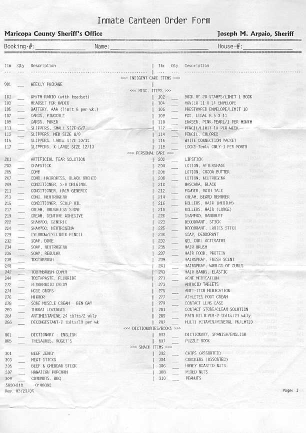 Commissary List at Sheriff Joe's Gulag