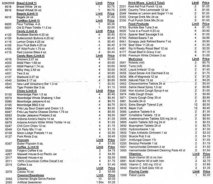 Arizona State Prison Commissary List